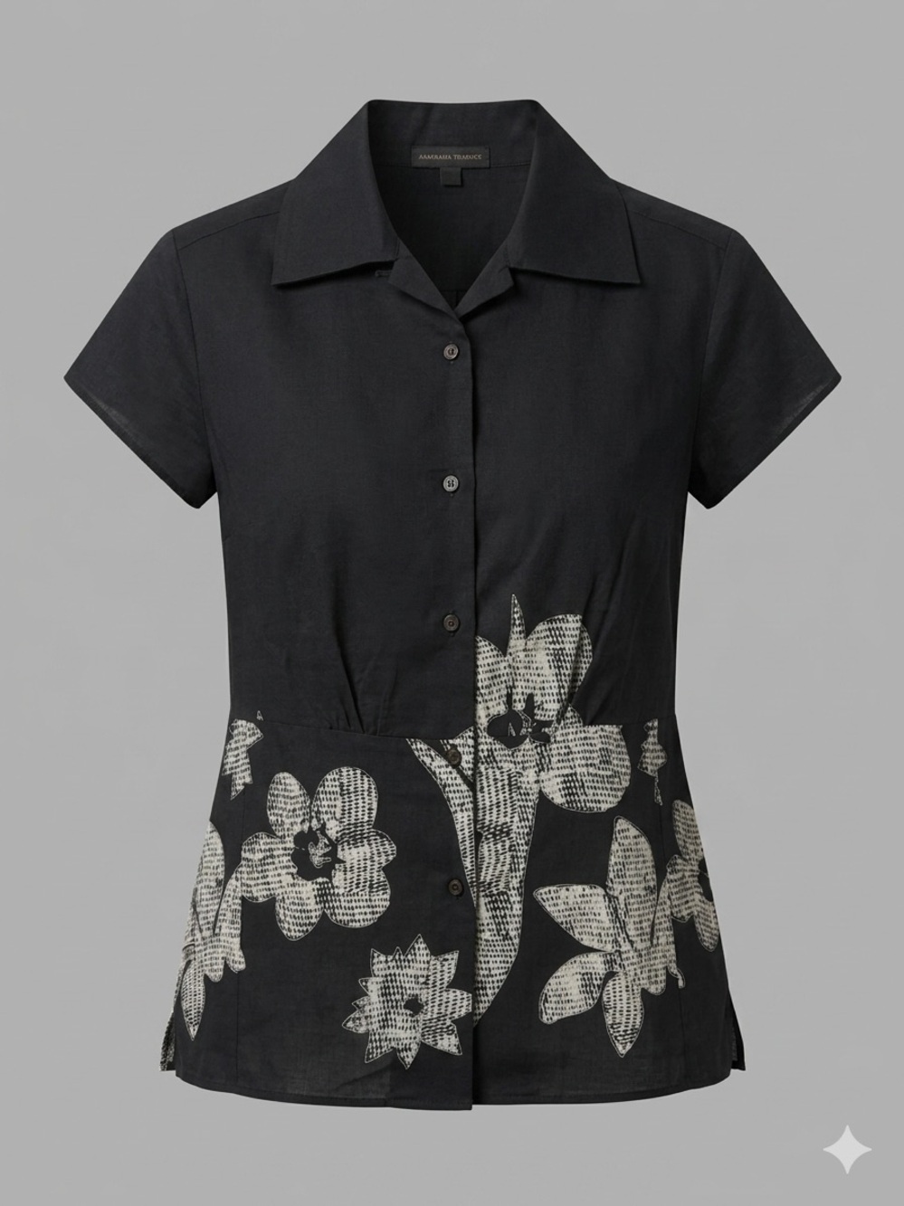 Black Short-Sleeve Button-Down Top with Cream Floral Print
